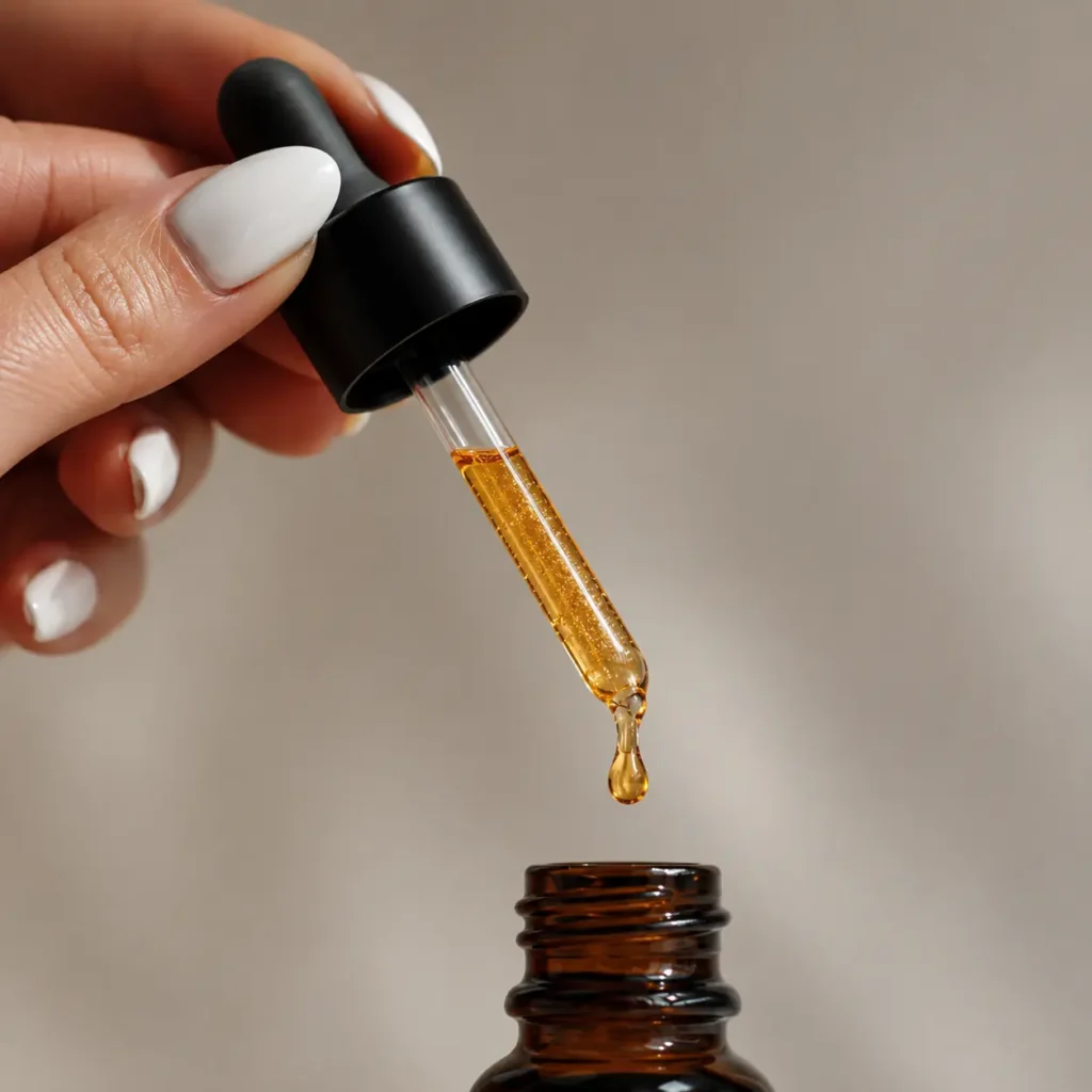 Hand with white manicured nails holding a glass dropper with black cap, dispensing a golden Gelatide liquid drop above an amber glass bottle